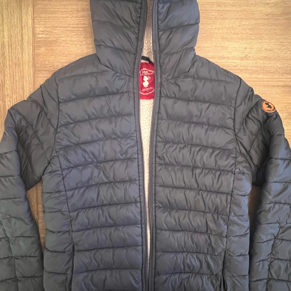 SAVE THE DUCK Blue Grey Quilted Jacket with Red Logo Lining